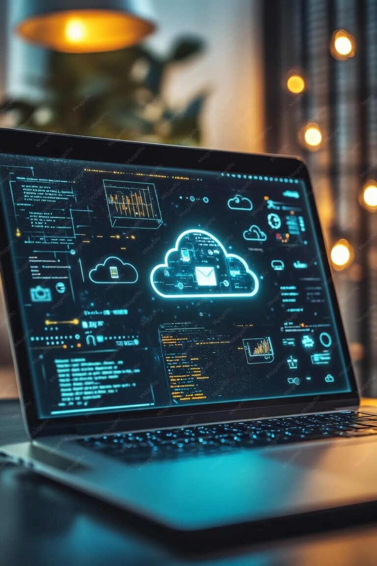 close-up-view-sleek-laptop-desk-with-holographic-display-cloud-icons-showing-data_868783-105723